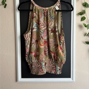 Joie Tropical Print Sleeveless Blouse - Olive and Pink